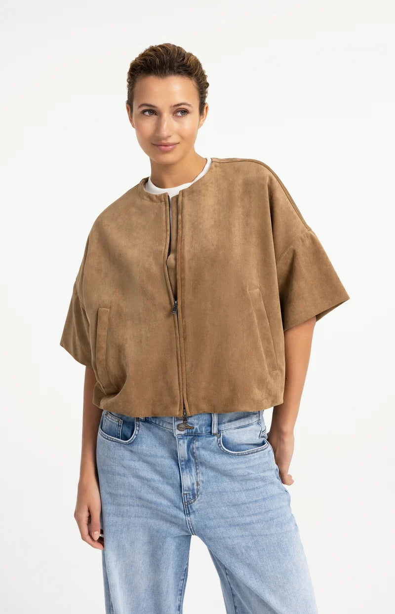 YAYA Oversized Suedine Jacket with Short Sleeves, Brown