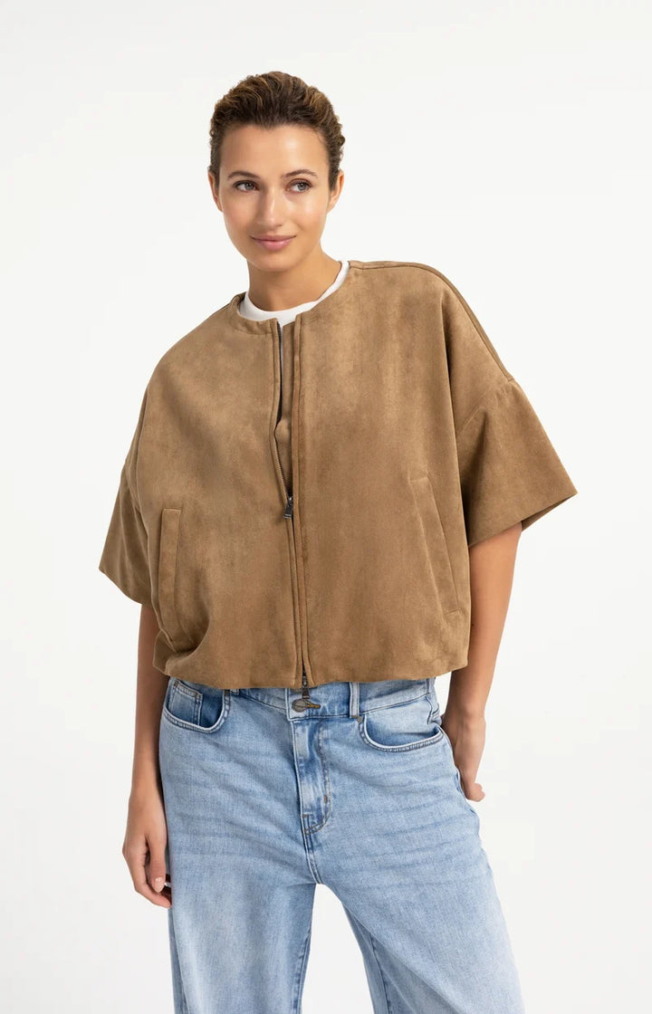 YAYA Oversized Suedine Jacket with Short Sleeves, Brown