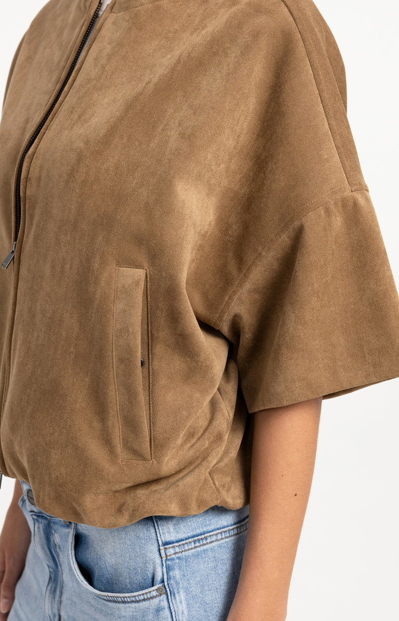YAYA Oversized Suedine Jacket with Short Sleeves, Brown