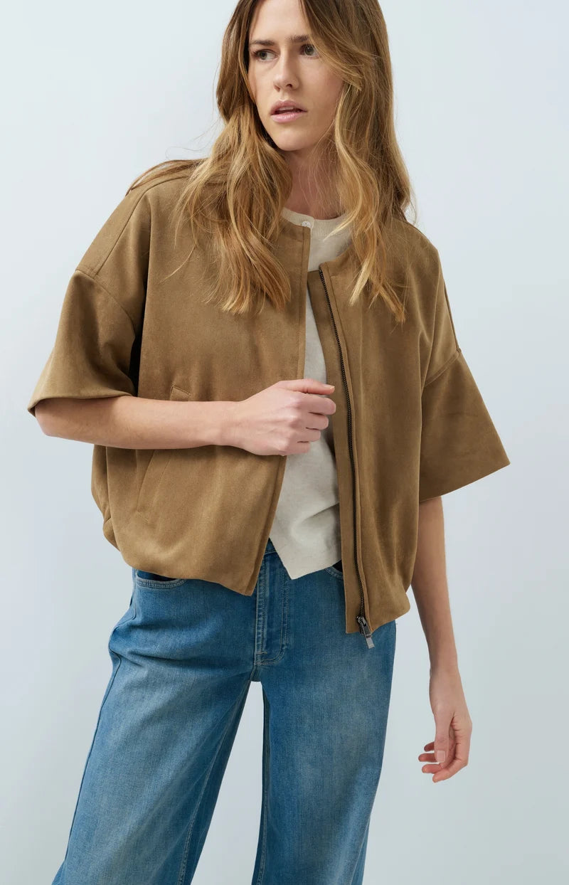 YAYA Oversized Suedine Jacket with Short Sleeves, Brown