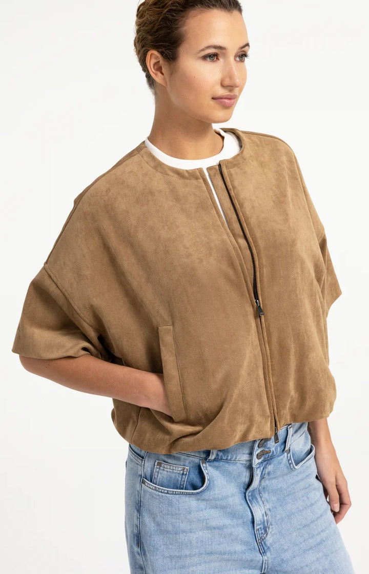 YAYA Oversized Suedine Jacket with Short Sleeves, Brown