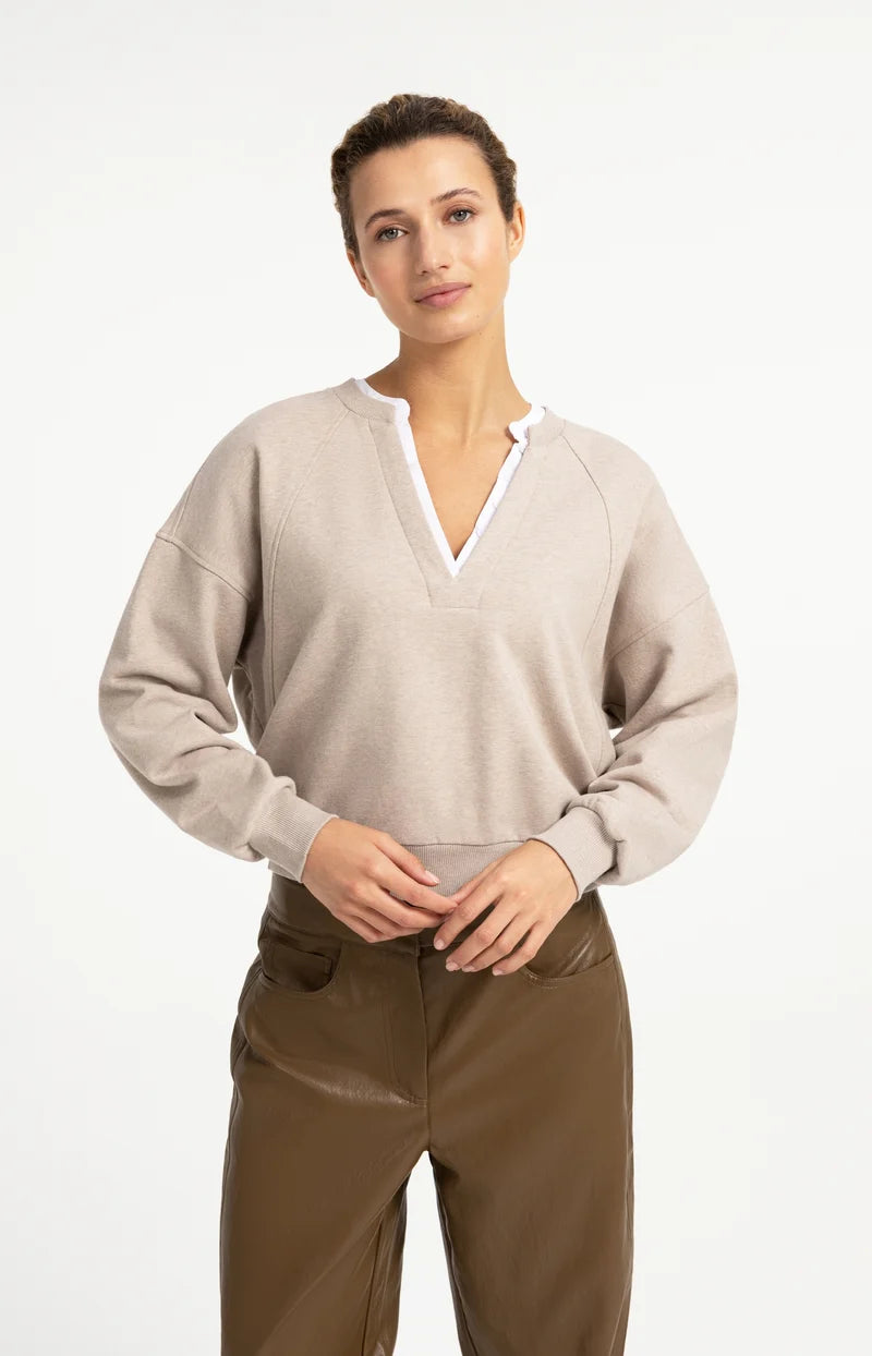 YAYA V-Neck Sweatshirt & Woven Collar, Grey